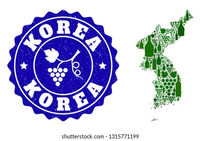 Vector collage of wine map of Korea and grape grunge stamp. Map of Korea collage designed with bottles and grape berries bunches.