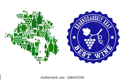 Vector collage of wine map of Krasnodarskiy Kray and best grape wine grunge seal. Map of Krasnodarskiy Kray collage created with bottles and grape berries bunches.