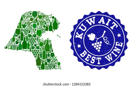 Vector collage of wine map of Kuwait and best grape wine grunge stamp. Map of Kuwait collage composed with bottles and grape berries bunches.