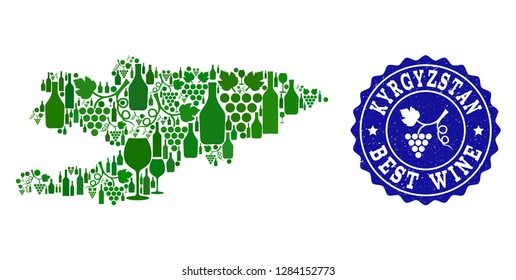 Vector collage of wine map of Kyrgyzstan and best grape wine grunge watermark. Map of Kyrgyzstan collage designed with bottles and grape berries bunches.