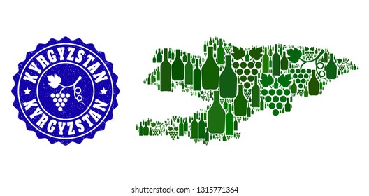 Vector collage of wine map of Kyrgyzstan and grape grunge seal. Map of Kyrgyzstan collage created with bottles and grape berries bunches.