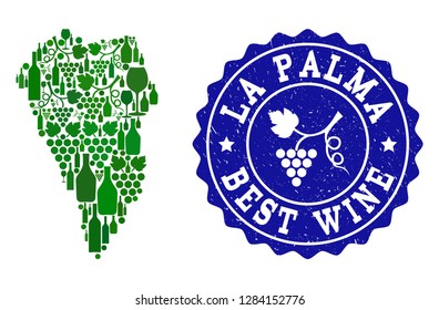 Vector collage of wine map of La Palma Island and best grape wine grunge seal stamp. Map of La Palma Island collage created with bottles and grape berries bunches.