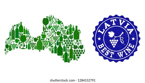 Vector collage of wine map of Latvia and best grape wine grunge stamp. Map of Latvia collage created with bottles and grape berries bunches.