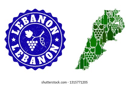 Vector collage of wine map of Lebanon and grape grunge seal stamp. Map of Lebanon collage composed with bottles and grape berries bunches.