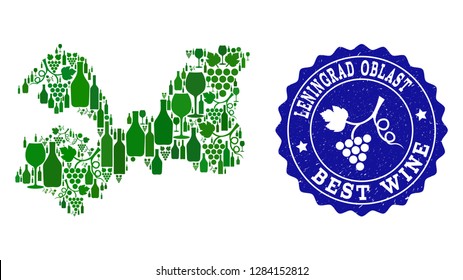 Vector collage of wine map of Leningrad Region and best grape wine grunge seal. Map of Leningrad Region collage designed with bottles and grape berries bunches.