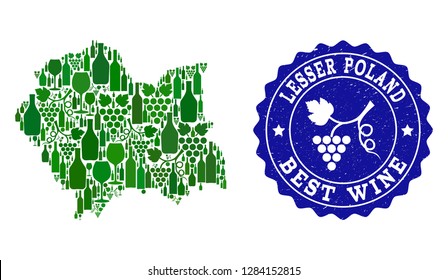 Vector collage of wine map of Lesser Poland Province and best grape wine grunge watermark. Map of Lesser Poland Province collage created with bottles and grape berries bunches.