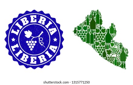 Vector collage of wine map of Liberia and grape grunge seal. Map of Liberia collage formed with bottles and grape berries bunches.