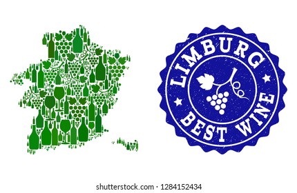 Vector collage of wine map of Limburg Province and best grape wine grunge seal. Map of Limburg Province collage formed with bottles and grape berries bunches.