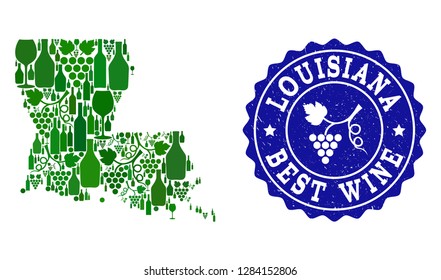 Vector collage of wine map of Louisiana State and best grape wine grunge stamp. Map of Louisiana State collage composed with bottles and grape berries bunches.