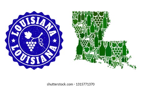 Vector collage of wine map of Louisiana State and grape grunge seal stamp. Map of Louisiana State collage designed with bottles and grape berries bunches.