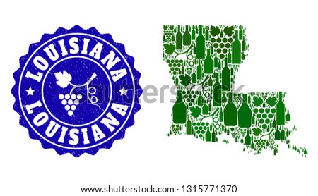 Vector collage of wine map of Louisiana State and grape grunge seal stamp. Map of Louisiana State collage designed with bottles and grape berries bunches.