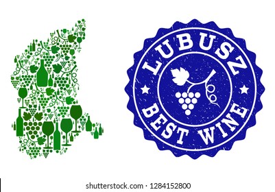 Vector collage of wine map of Lubusz Province and best grape wine grunge seal. Map of Lubusz Province collage formed with bottles and grape berries bunches.