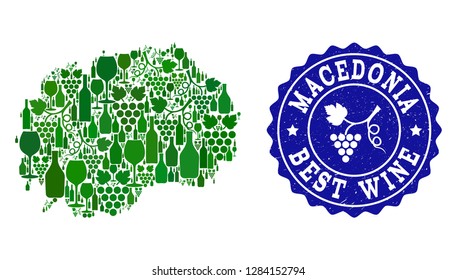 Vector collage of wine map of Macedonia and best grape wine grunge seal. Map of Macedonia collage created with bottles and grape berries bunches.
