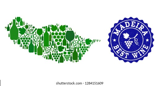 Vector collage of wine map of Madeira Island and best grape wine grunge seal. Map of Madeira Island collage designed with bottles and grape berries bunches.