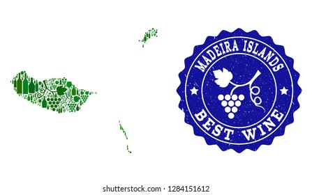 Vector collage of wine map of Madeira Islands and best grape wine grunge stamp. Map of Madeira Islands collage designed with bottles and grape berries bunches.