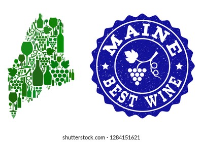 Vector collage of wine map of Maine State and best grape wine grunge seal. Map of Maine State collage created with bottles and grape berries bunches.