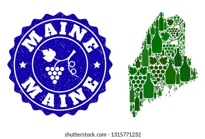 Vector collage of wine map of Maine State and grape grunge stamp. Map of Maine State collage created with bottles and grape berries bunches.