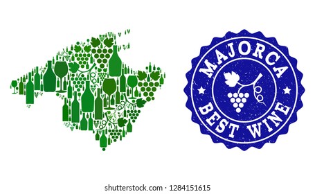 Vector collage of wine map of Majorca and best grape wine grunge stamp. Map of Majorca collage composed with bottles and grape berries bunches.