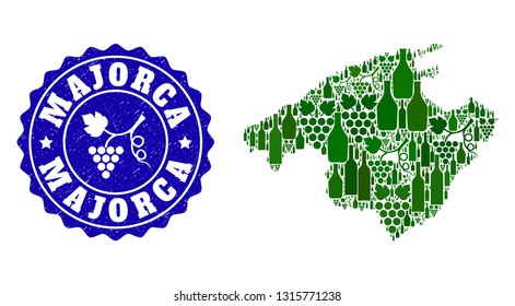Vector collage of wine map of Majorca and grape grunge stamp. Map of Majorca collage composed with bottles and grape berries bunches.