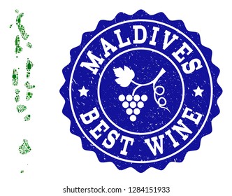 Vector collage of wine map of Maldives and best grape wine grunge watermark. Map of Maldives collage formed with bottles and grape berries bunches.