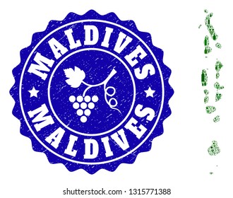 Vector collage of wine map of Maldives and grape grunge stamp. Map of Maldives collage formed with bottles and grape berries bunches.