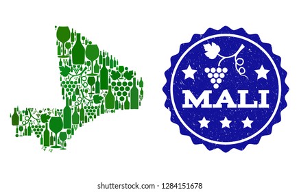 Vector collage of wine map of Mali and best grape wine grunge seal. Map of Mali collage designed with bottles and grape berries bunches.