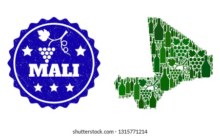 Vector collage of wine map of Mali and grape grunge stamp. Map of Mali collage composed with bottles and grape berries bunches.