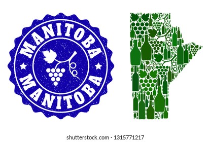 Vector collage of wine map of Manitoba Province and grape grunge stamp. Map of Manitoba Province collage created with bottles and grape berries bunches.