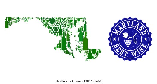 Vector collage of wine map of Maryland State and best grape wine grunge stamp. Map of Maryland State collage created with bottles and grape berries bunches.