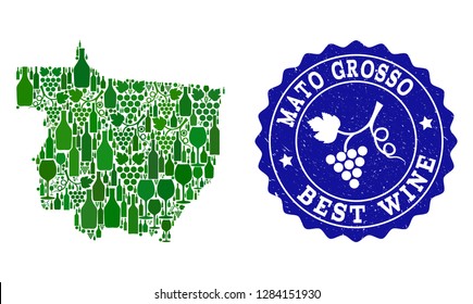 Vector collage of wine map of Mato Grosso State and best grape wine grunge seal. Map of Mato Grosso State collage formed with bottles and grape berries bunches.