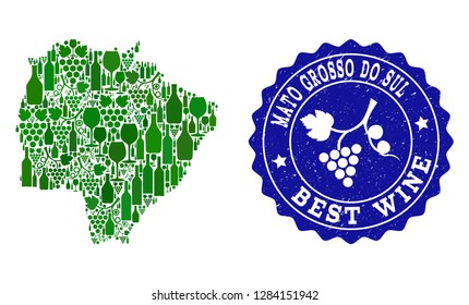 Vector collage of wine map of Mato Grosso do Sul State and best grape wine grunge seal. Map of Mato Grosso do Sul State collage formed with bottles and grape berries bunches.