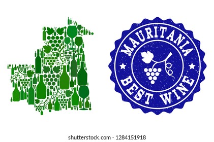 Vector collage of wine map of Mauritania and best grape wine grunge seal stamp. Map of Mauritania collage designed with bottles and grape berries bunches.