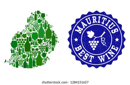 Vector collage of wine map of Mauritius Island and best grape wine grunge watermark. Map of Mauritius Island collage composed with bottles and grape berries bunches.
