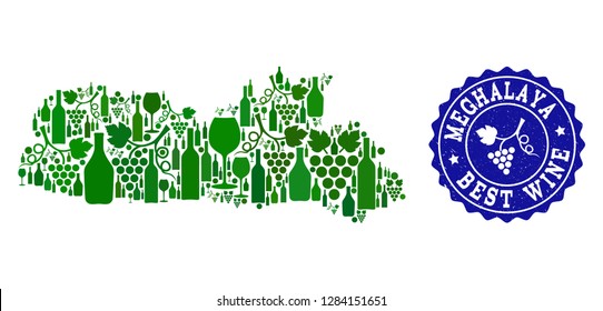 Vector collage of wine map of Meghalaya State and best grape wine grunge watermark. Map of Meghalaya State collage designed with bottles and grape berries bunches.