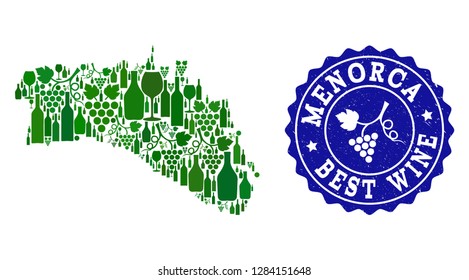 Vector collage of wine map of Menorca Island and best grape wine grunge watermark. Map of Menorca Island collage designed with bottles and grape berries bunches.