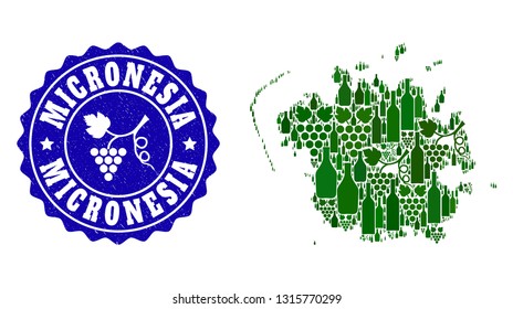 Vector collage of wine map of Micronesia island and grape grunge stamp. Map of Micronesia island collage created with bottles and grape berries bunches.
