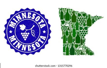 Vector collage of wine map of Minnesota State and grape grunge seal stamp. Map of Minnesota State collage composed with bottles and grape berries bunches.