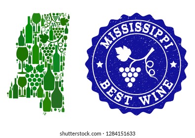Vector collage of wine map of Mississippi State and best grape wine grunge watermark. Map of Mississippi State collage created with bottles and grape berries bunches.