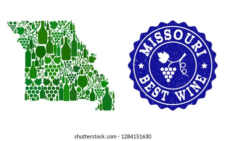 Vector collage of wine map of Missouri State and best grape wine grunge seal stamp. Map of Missouri State collage composed with bottles and grape berries bunches.
