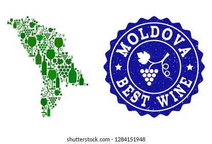 Vector collage of wine map of Moldova and best grape wine grunge watermark. Map of Moldova collage created with bottles and grape berries bunches.