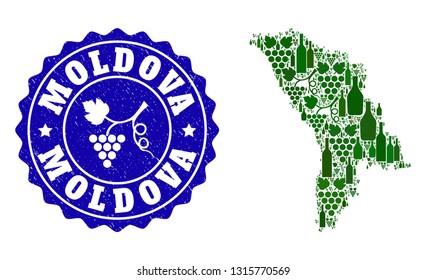 Vector collage of wine map of Moldova and grape grunge seal. Map of Moldova collage formed with bottles and grape berries bunches.
