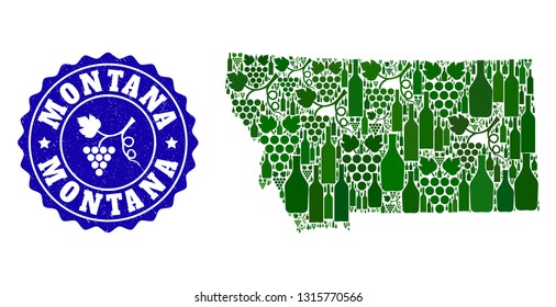 Vector collage of wine map of Montana State and grape grunge stamp. Map of Montana State collage composed with bottles and grape berries bunches.