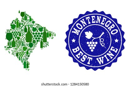 Vector collage of wine map of Montenegro and best grape wine grunge seal stamp. Map of Montenegro collage designed with bottles and grape berries bunches.