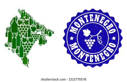 Vector collage of wine map of Montenegro and grape grunge seal. Map of Montenegro collage composed with bottles and grape berries bunches.