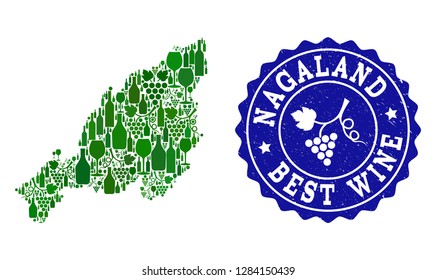 Vector collage of wine map of Nagaland State and best grape wine grunge seal stamp. Map of Nagaland State collage composed with bottles and grape berries bunches.