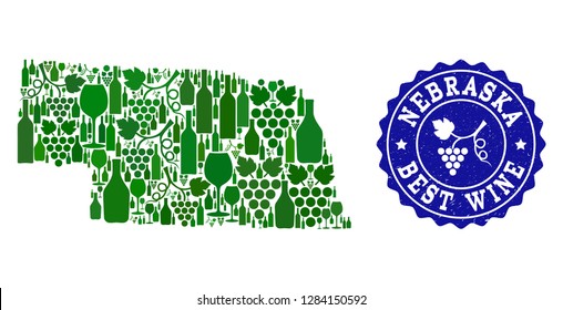 Vector collage of wine map of Nebraska State and best grape wine grunge stamp. Map of Nebraska State collage composed with bottles and grape berries bunches.