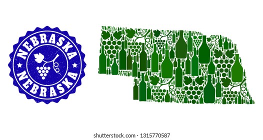 Vector collage of wine map of Nebraska State and grape grunge seal. Map of Nebraska State collage composed with bottles and grape berries bunches.