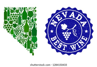 Vector collage of wine map of Nevada State and best grape wine grunge watermark. Map of Nevada State collage formed with bottles and grape berries bunches.