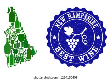 Vector collage of wine map of New Hampshire State and best grape wine grunge seal. Map of New Hampshire State collage formed with bottles and grape berries bunches.