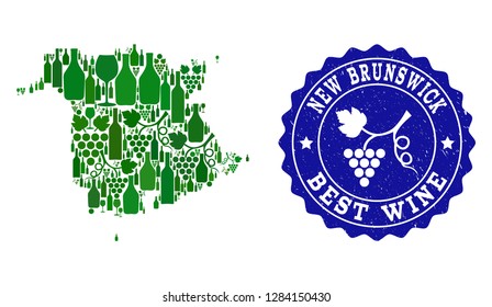 Vector collage of wine map of New Brunswick Province and best grape wine grunge seal stamp. Map of New Brunswick Province collage designed with bottles and grape berries bunches.